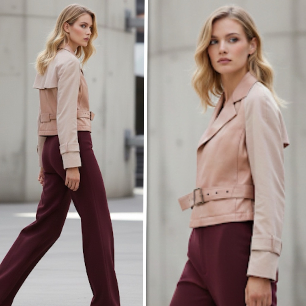 AKRIS Convertible 2in1 Lamb Leather & Cotton Trench-coat Jacket Desert Beige Sz6 - Picture 5 of 16